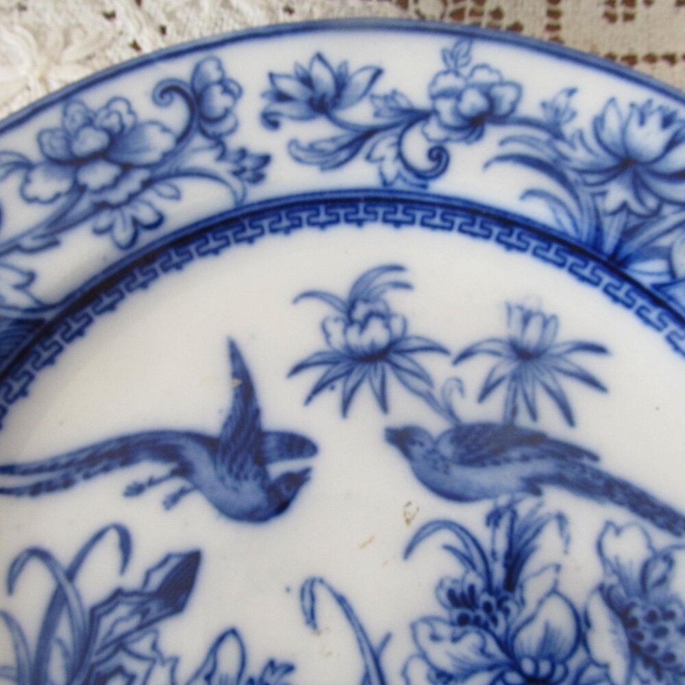 Beautiful Flow Blue Plate with Birds Cauldon England Flow Blue Aesthetic English
